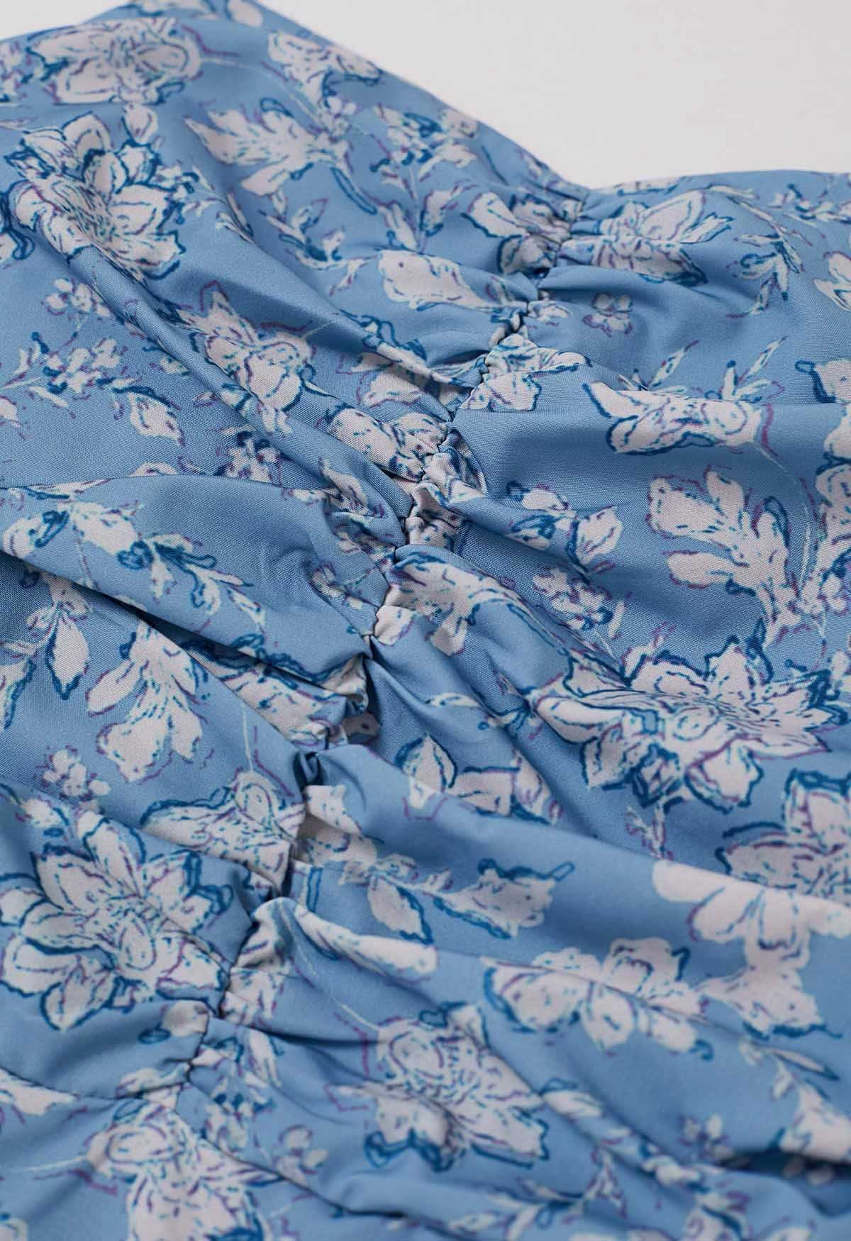 Robe caraco à imprimé floral et nœud papillon au dos en bleu