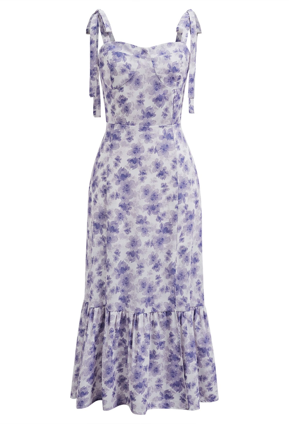 Robe midi fendue florale à épaules nouées en violet