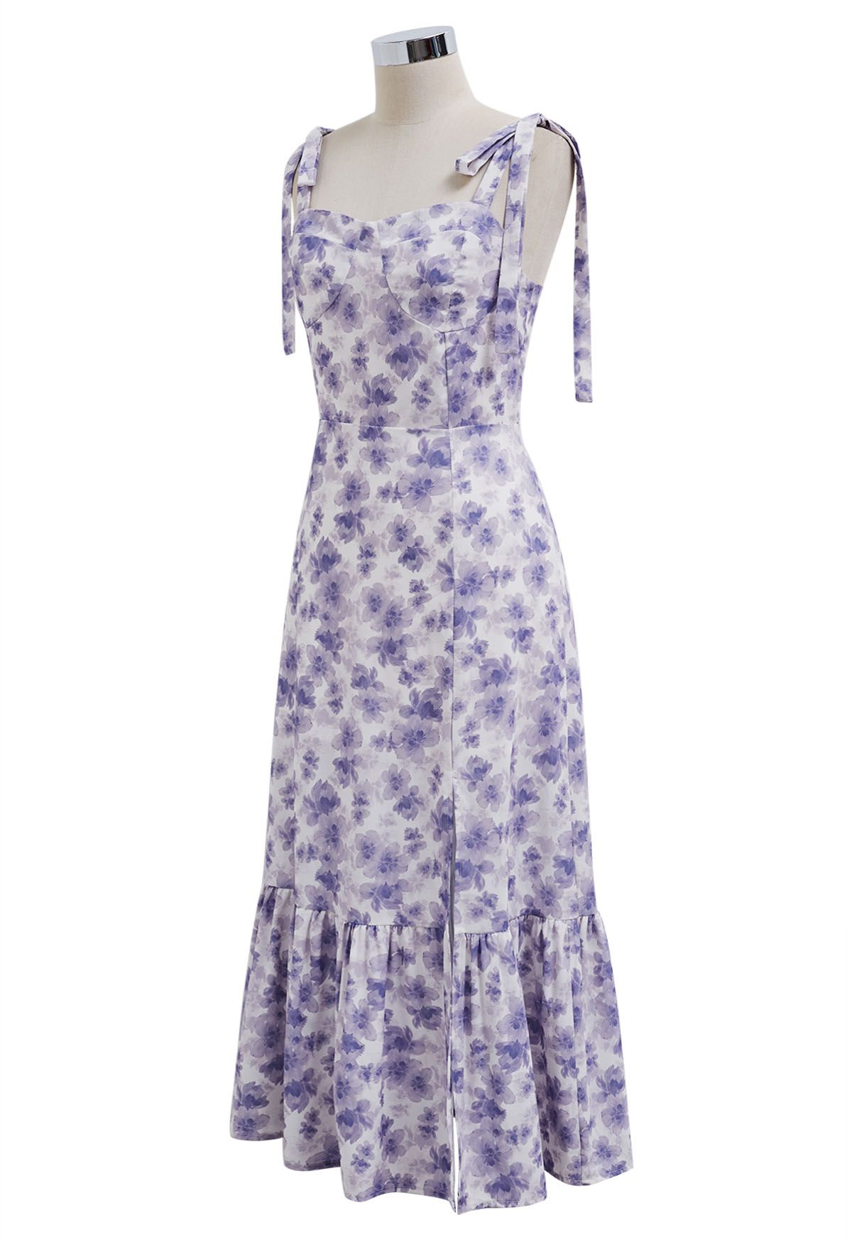 Robe midi fendue florale à épaules nouées en violet