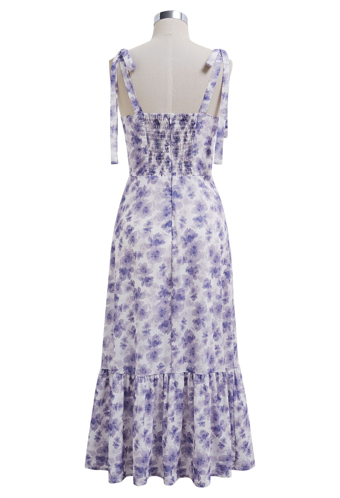 Robe midi fendue florale à épaules nouées en violet