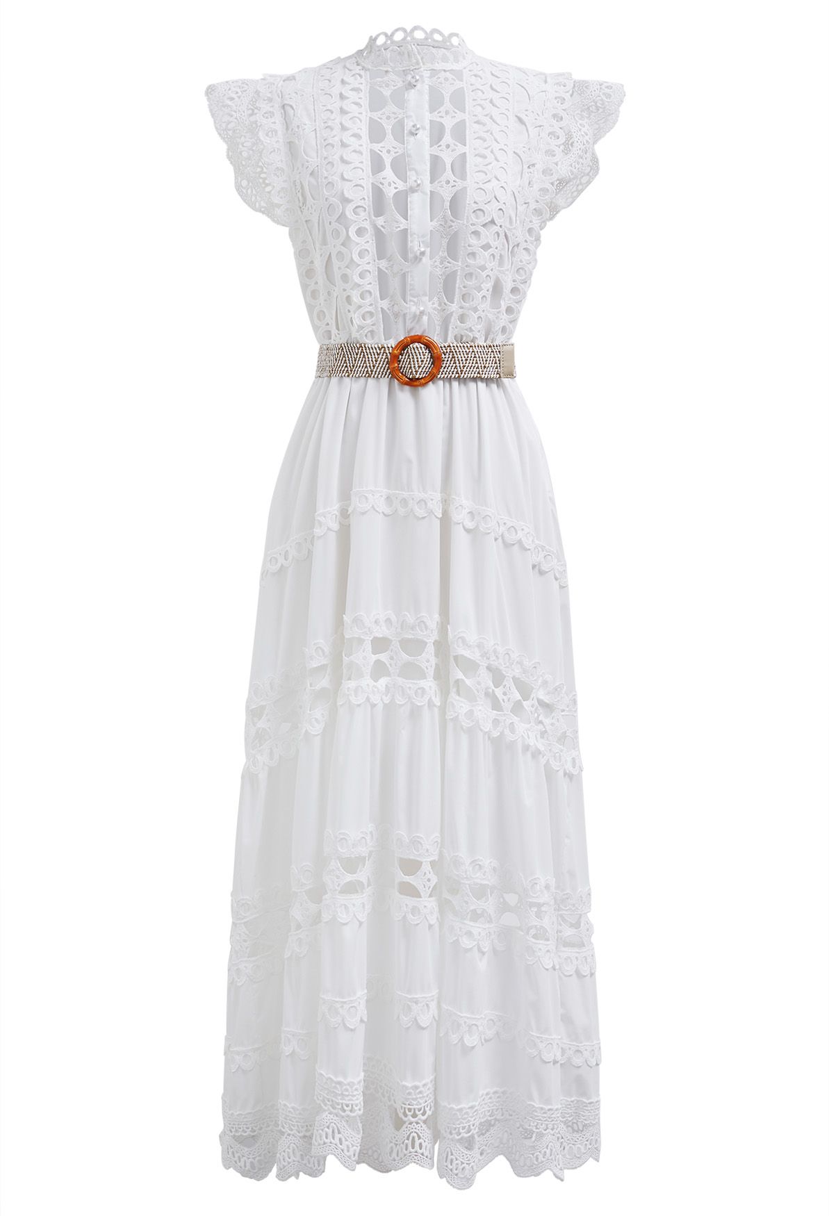 Robe longue nacrée sans manches avec découpes et ceinture en blanc