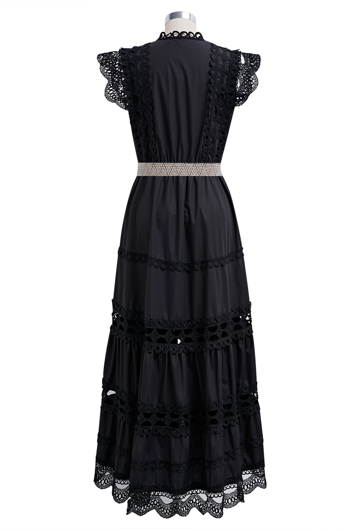 Robe longue nacrée sans manches avec découpes et ceinture en noir