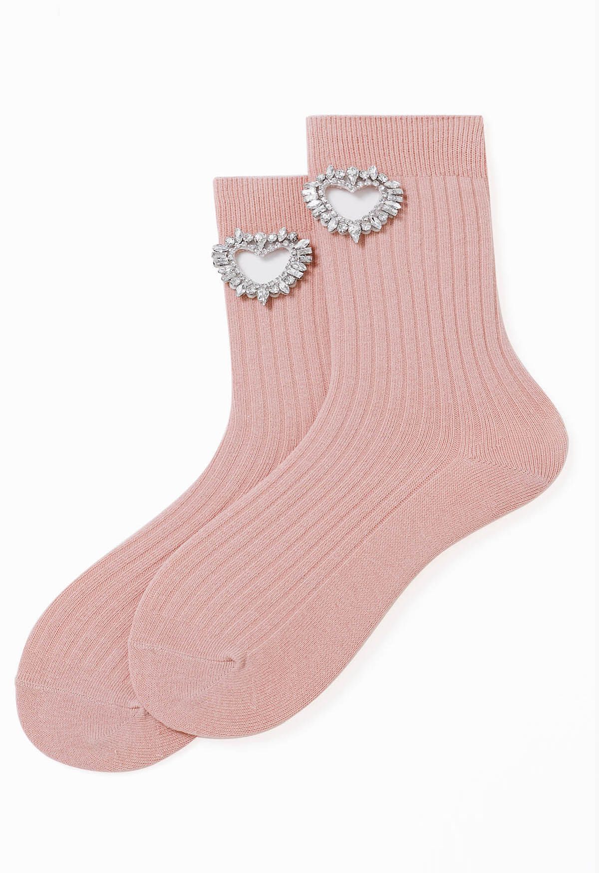 Chaussettes en coton à cœur creux avec strass en rose