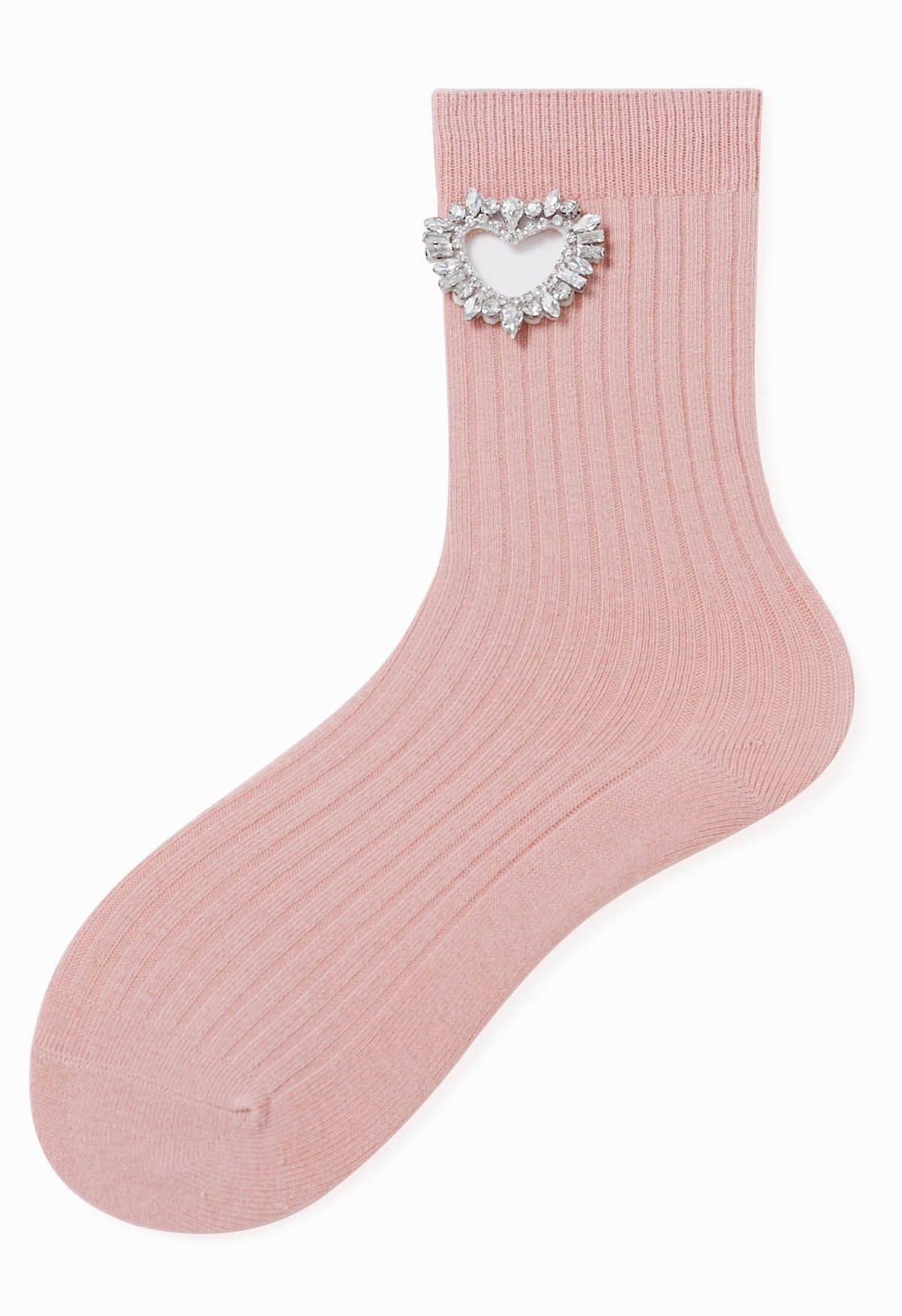 Chaussettes en coton à cœur creux avec strass en rose