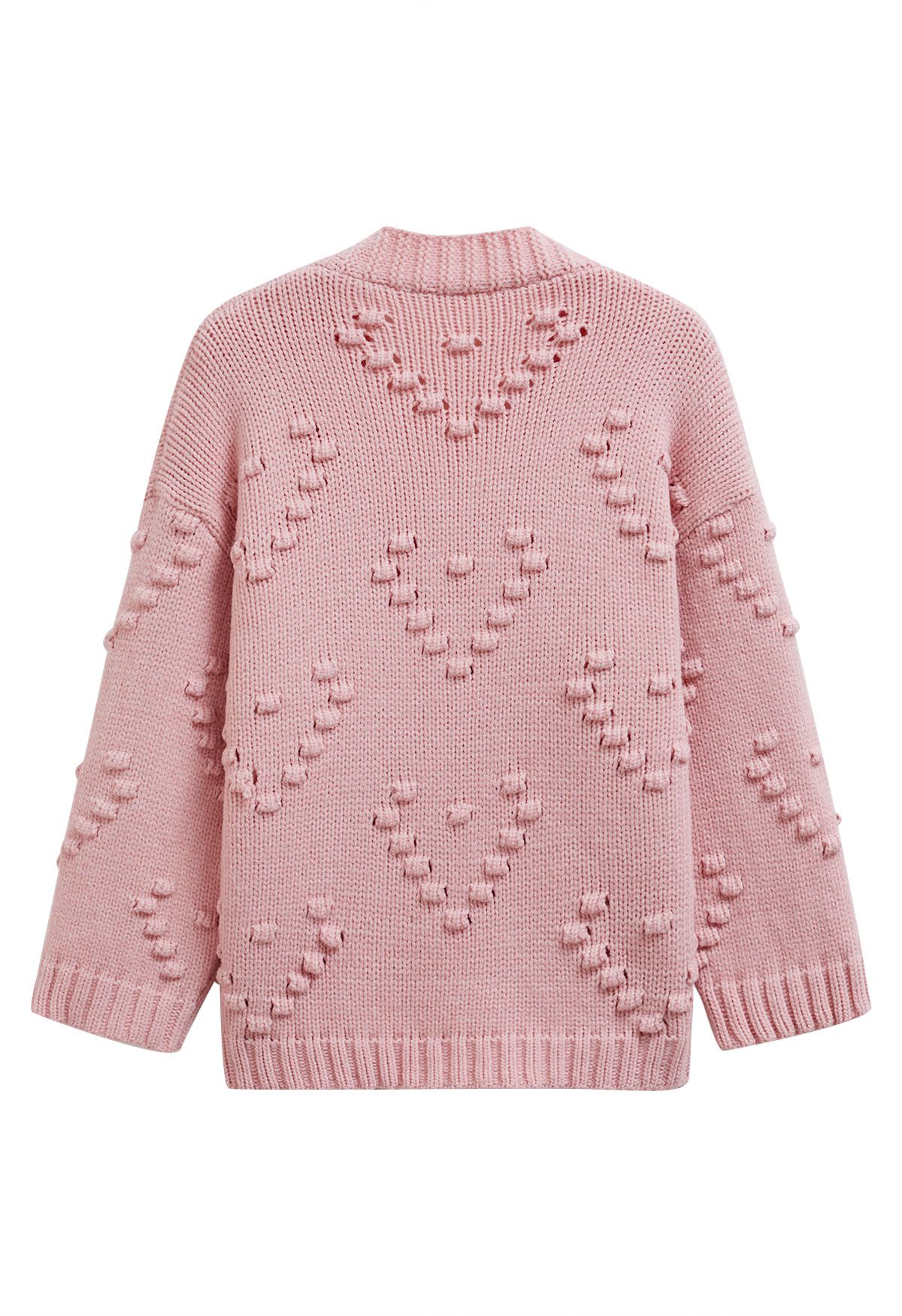 Cardigan en tricot boutonné avec cœurs à pompons en rose