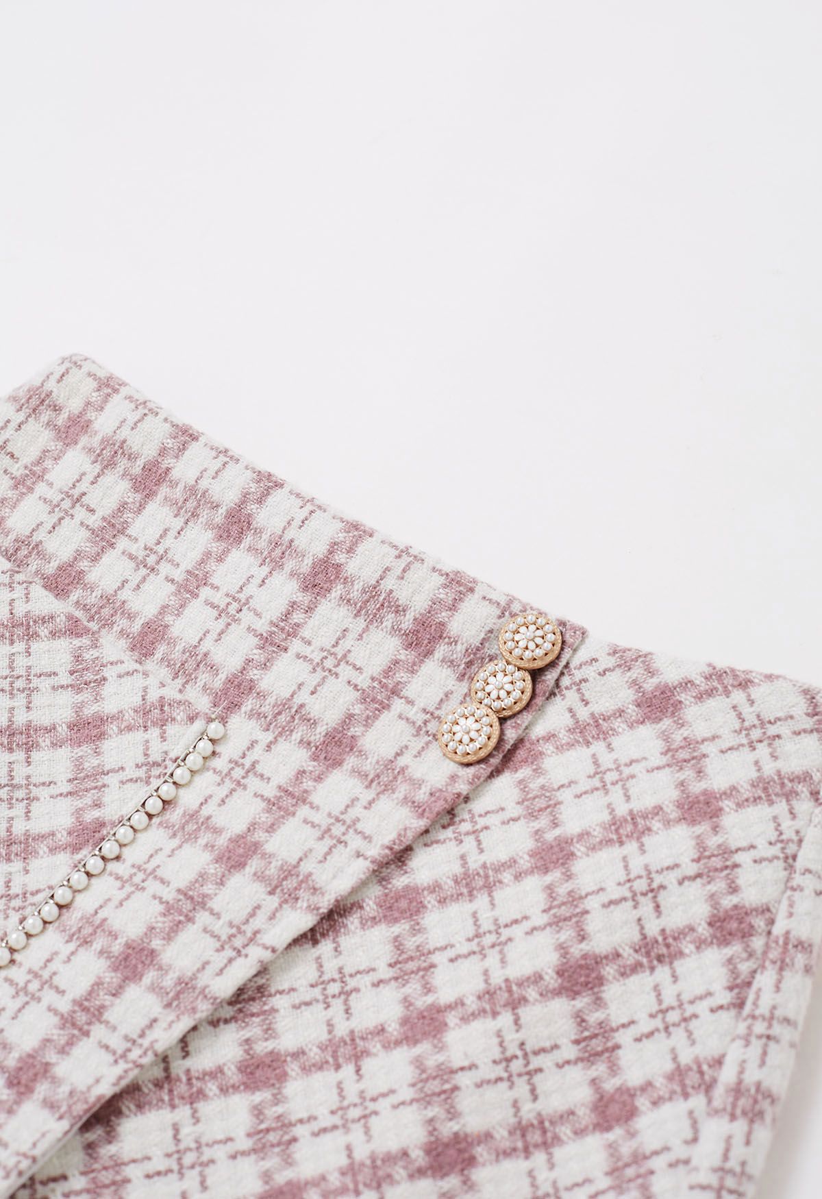 Jupe à rabat en tweed à carreaux avec poche plaquée en rose