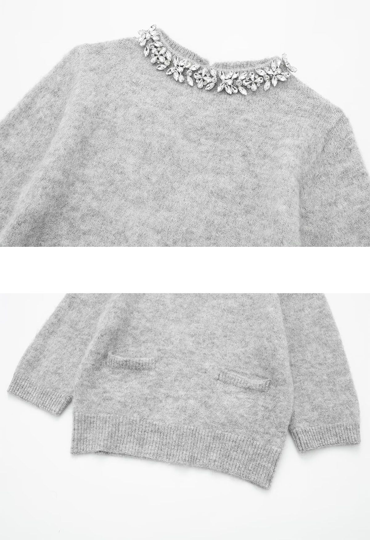 Pull en tricot avec poche avant et encolure en strass