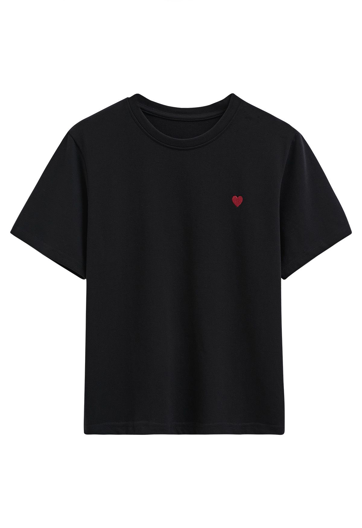 Joli T-Shirt à Motif de Coeur Brodé en Noir