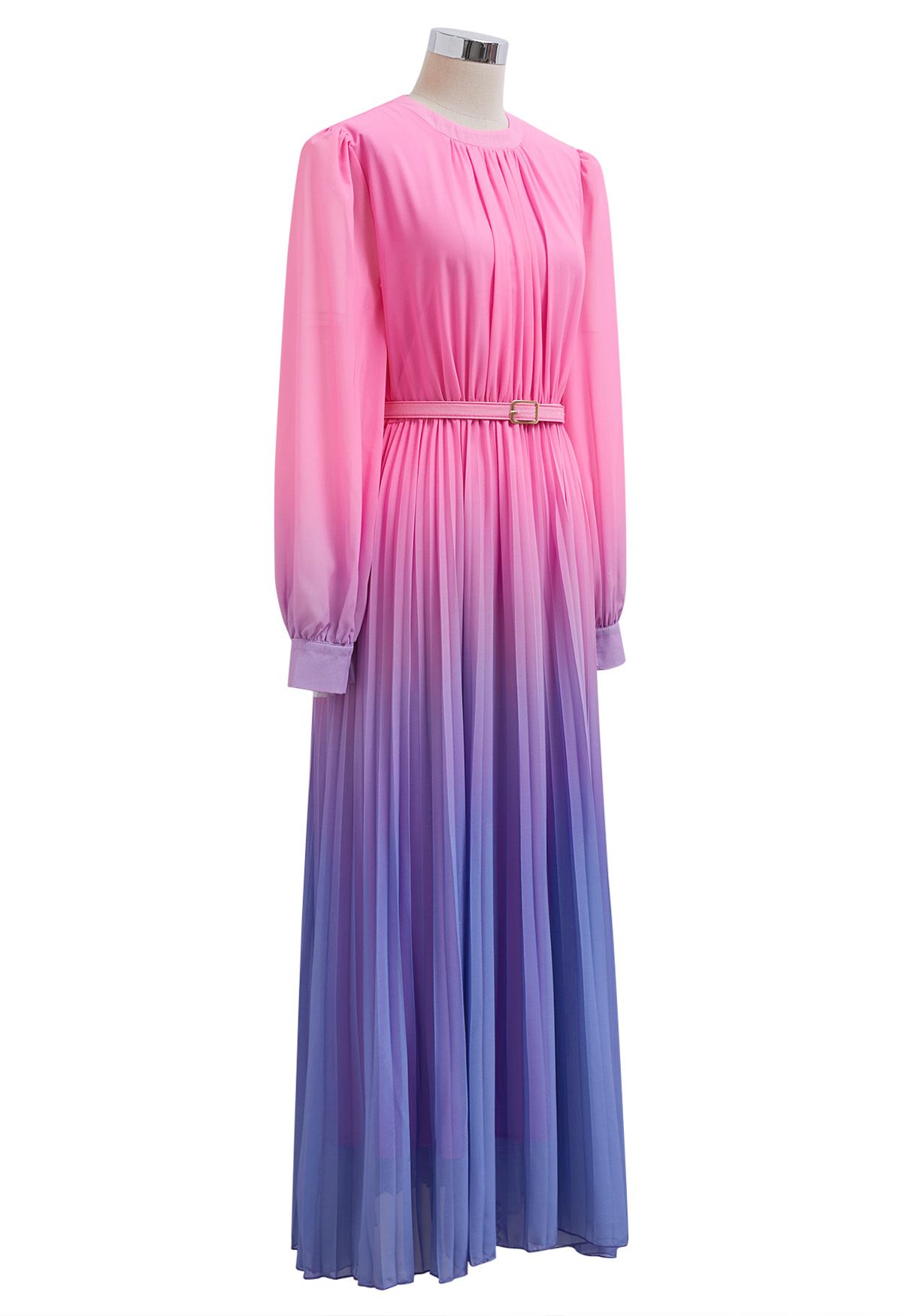 Pink-Purple Ombre Pleated Belt Chiffon Maxi Dress