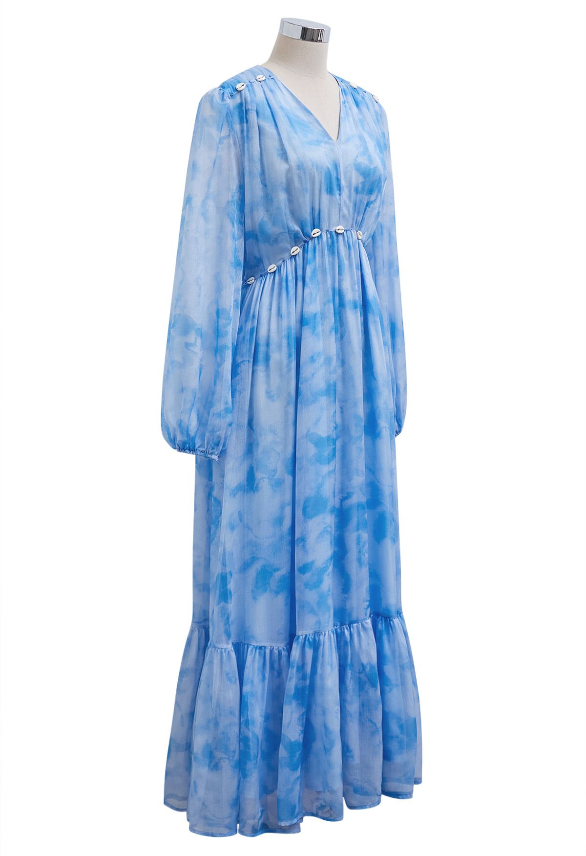 Seashell Beaded Tie-Waist Chiffon Maxi Dress in Blue