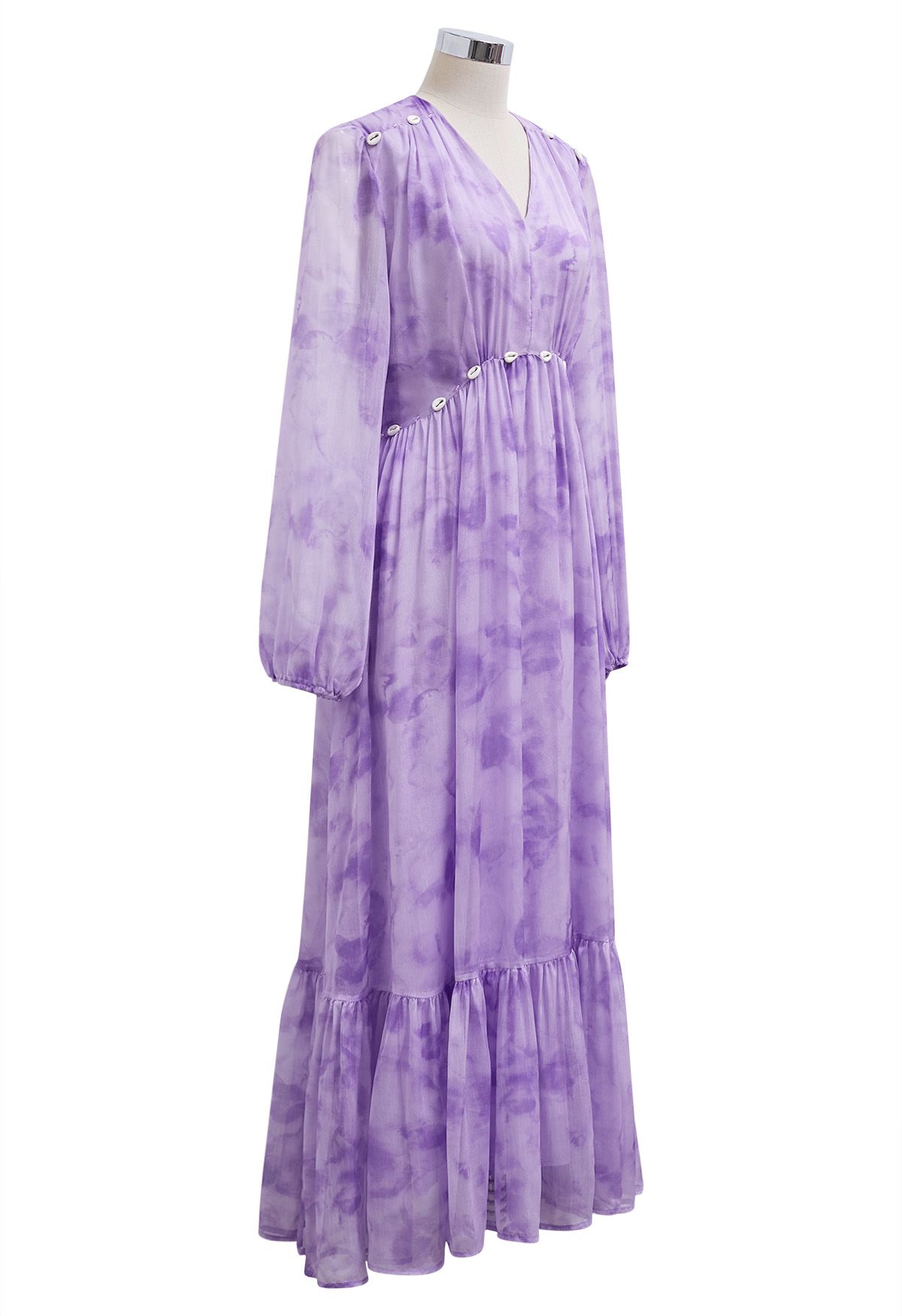 Seashell Beaded Tie-Waist Chiffon Maxi Dress in Lilac