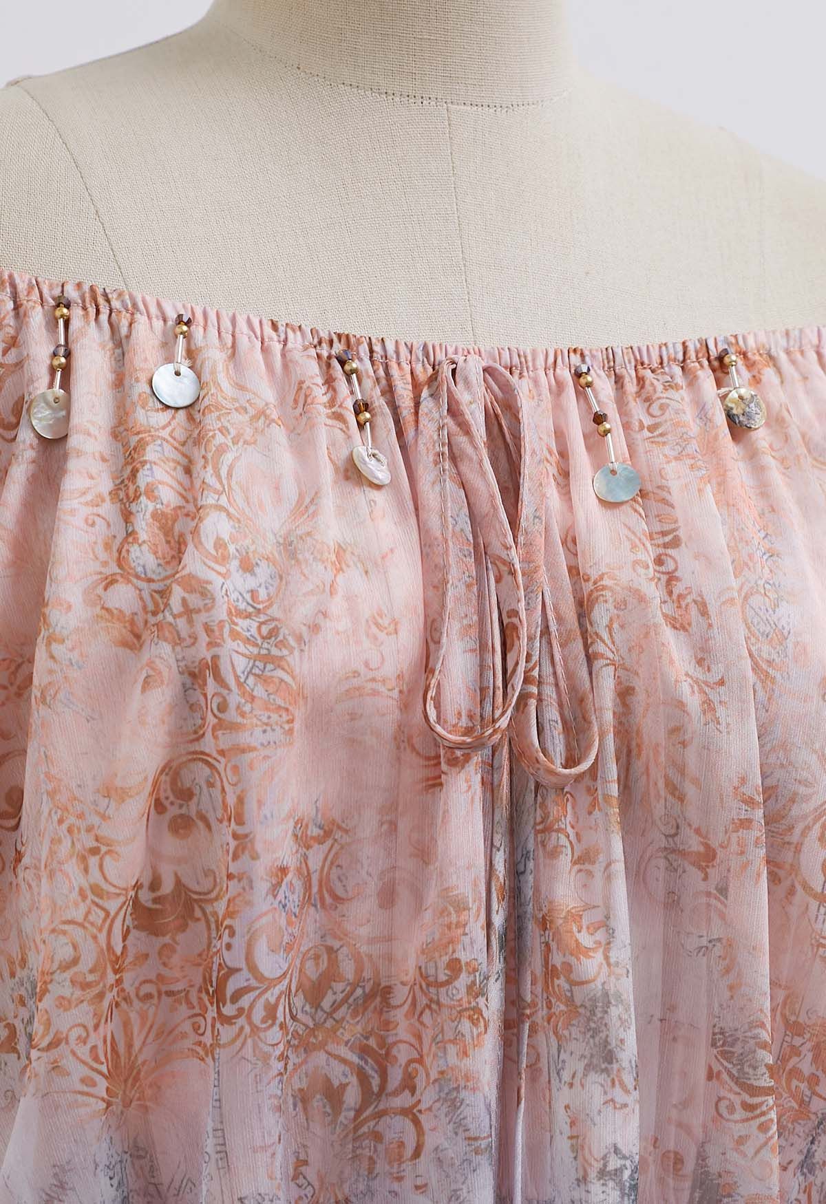 Vintage Baroque Off-Shoulder Chiffon Maxi Dress in Peach