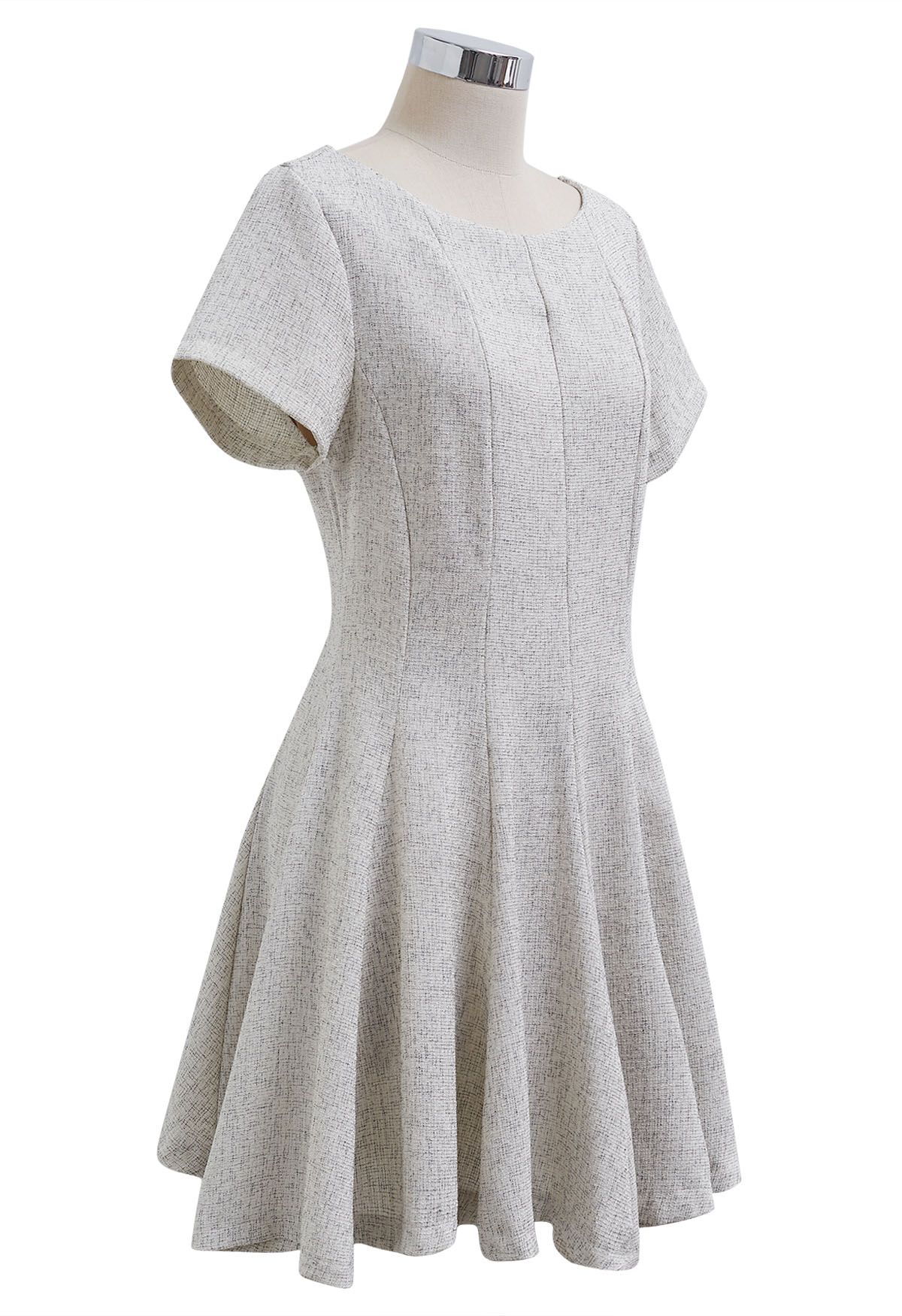 Fit-and-Flare Seamed Tweed Mini Dress in Ivory