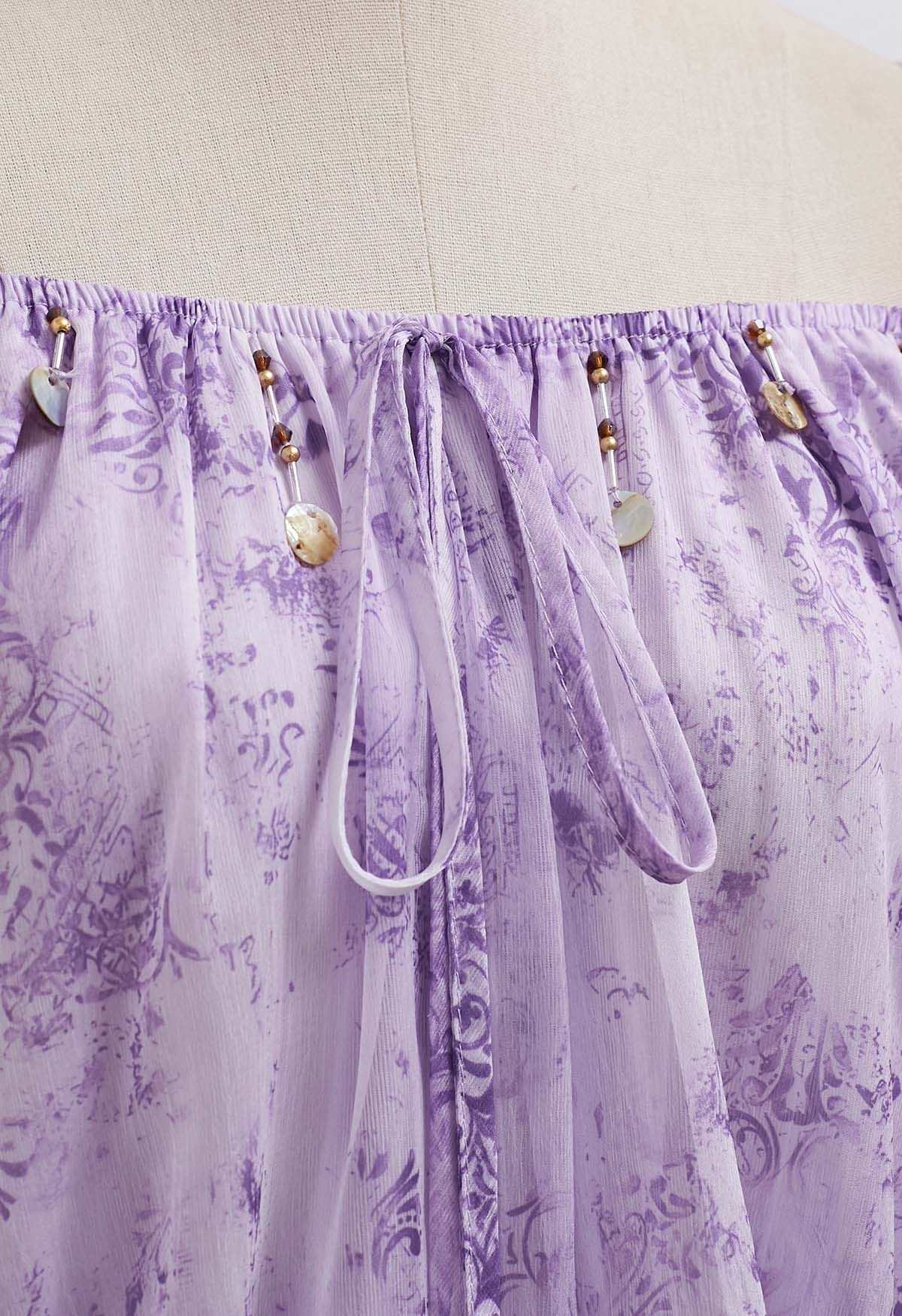 Vintage Baroque Off-Shoulder Chiffon Maxi Dress in Lilac