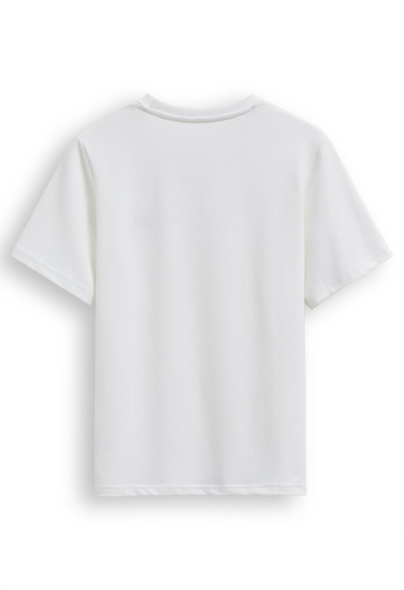 Joli T-Shirt à Motif de Coeur Brodé en Blanc