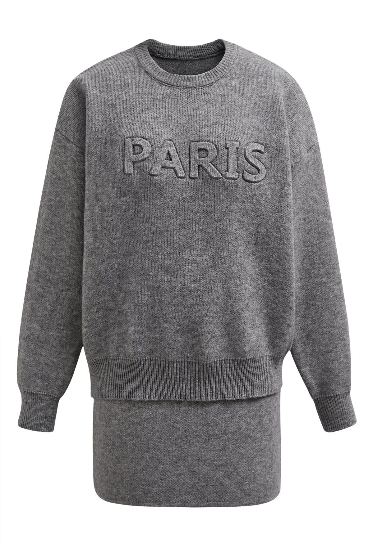 Ensemble pull et jupe en tricot à lettres Paris en gris