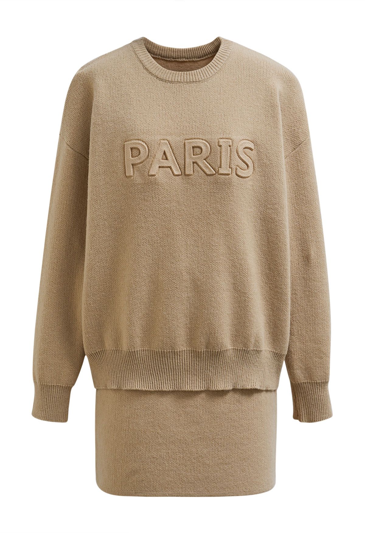 Ensemble pull et jupe en maille Paris Letter en camel