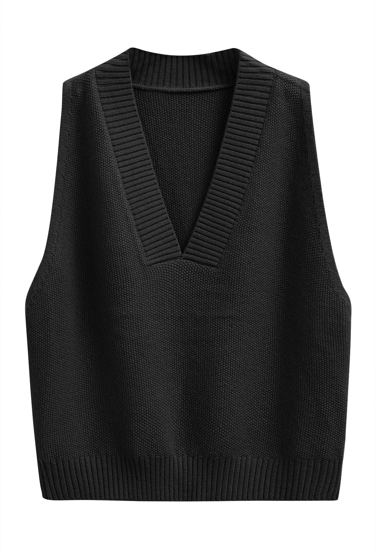 Gilet en tricot confortable et décontracté à col en V en noir