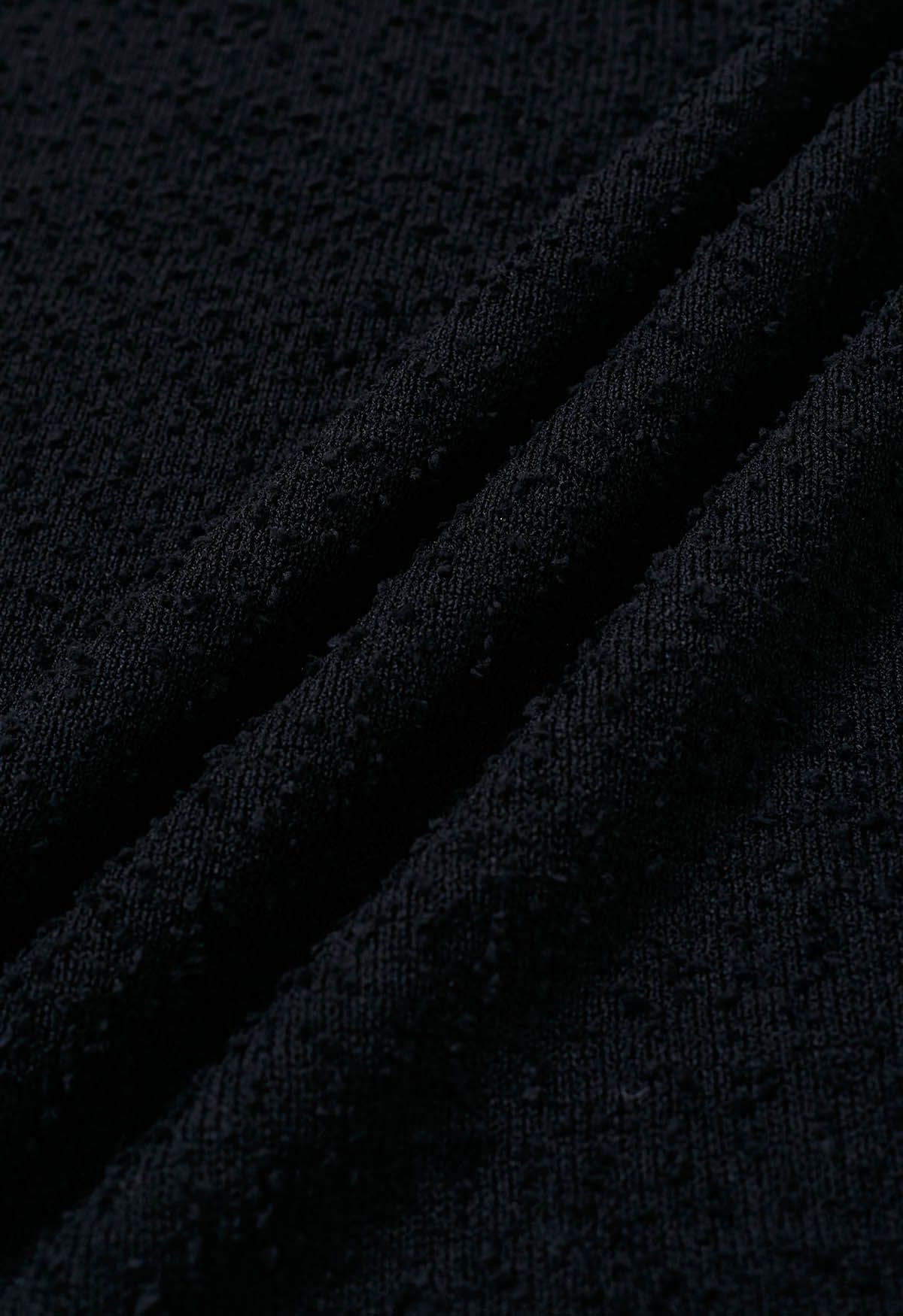 Robe longue sans manches en tricot texturé à franges en noir