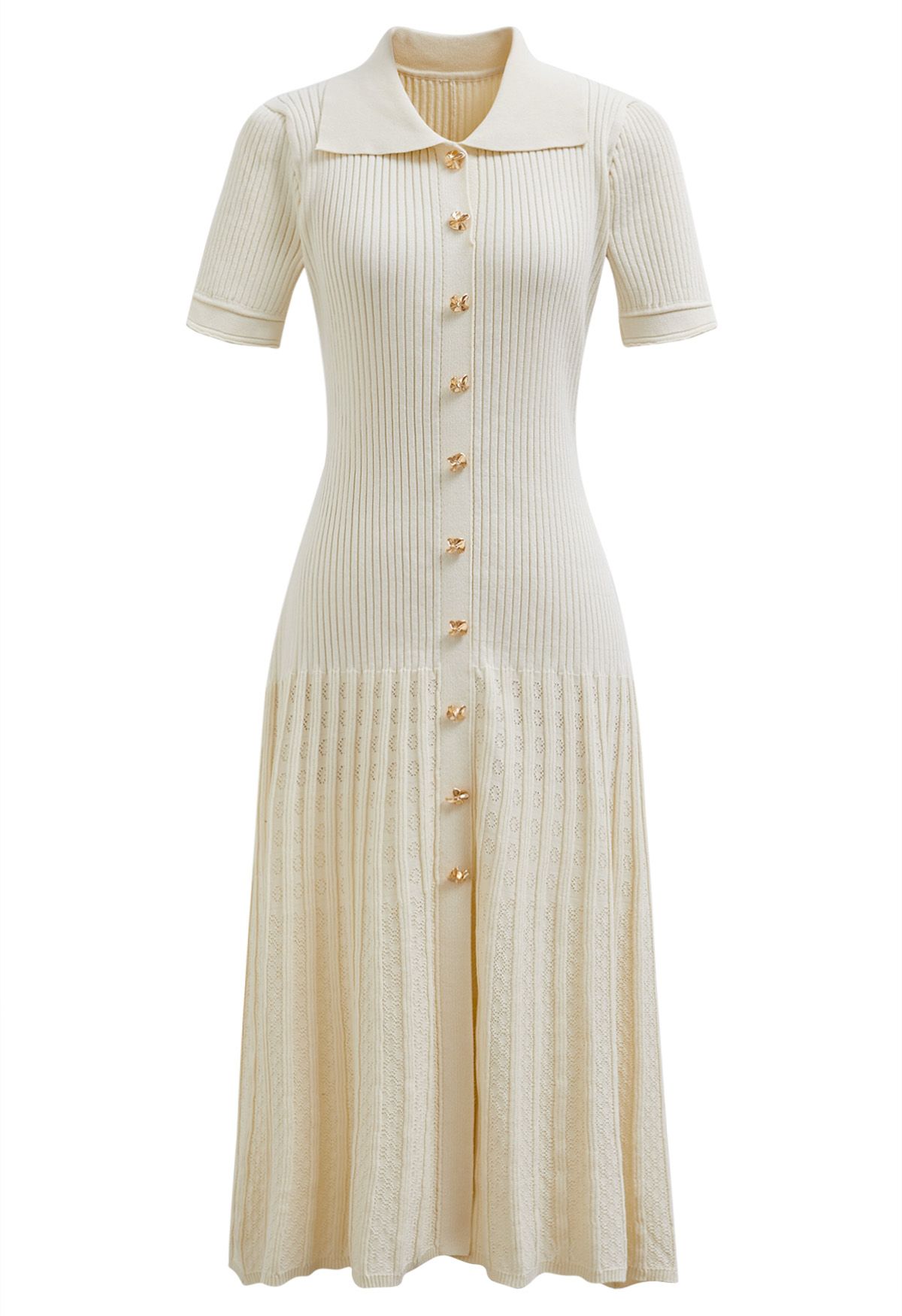 Collared Buttoned Short Sleeve Knit Midi Dress in Cream