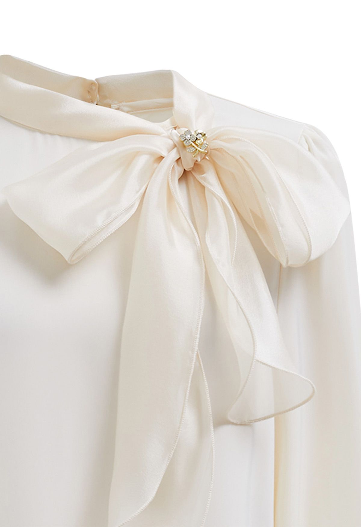 Self-Tie Bowknot Floral Brooch Satin Shirt in Cream