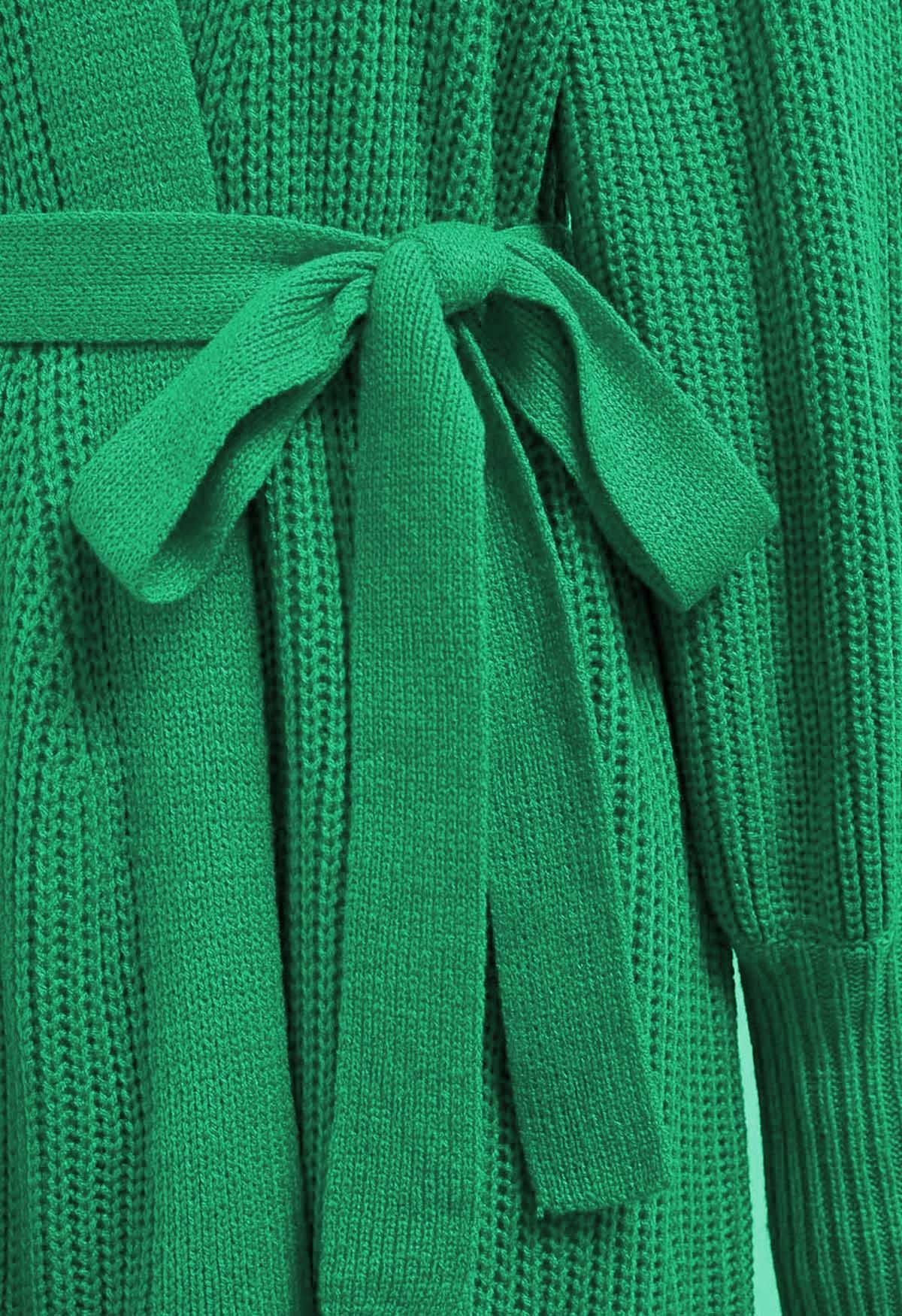 Cardigan portefeuille ceinturé à manches lanternes en vert