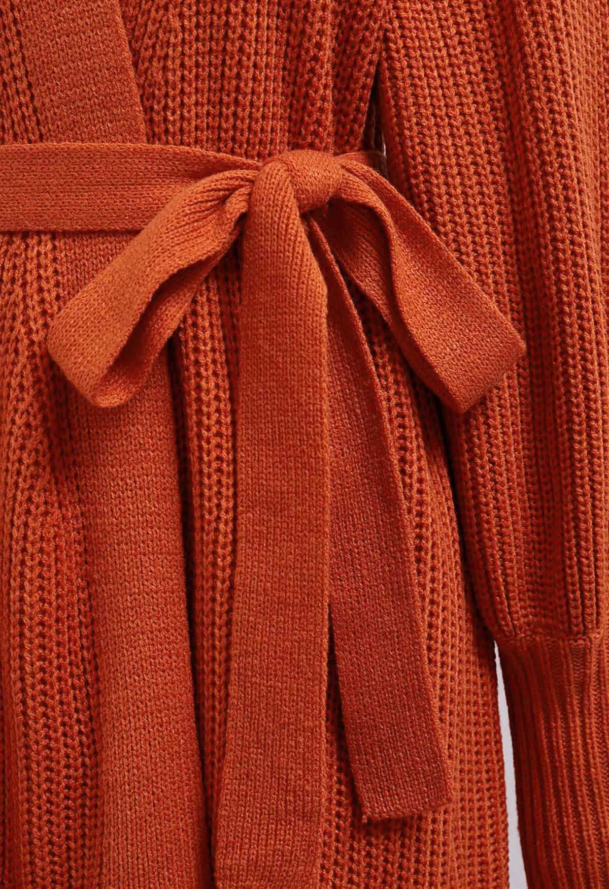 Cardigan portefeuille ceinturé à manches lanternes en orange