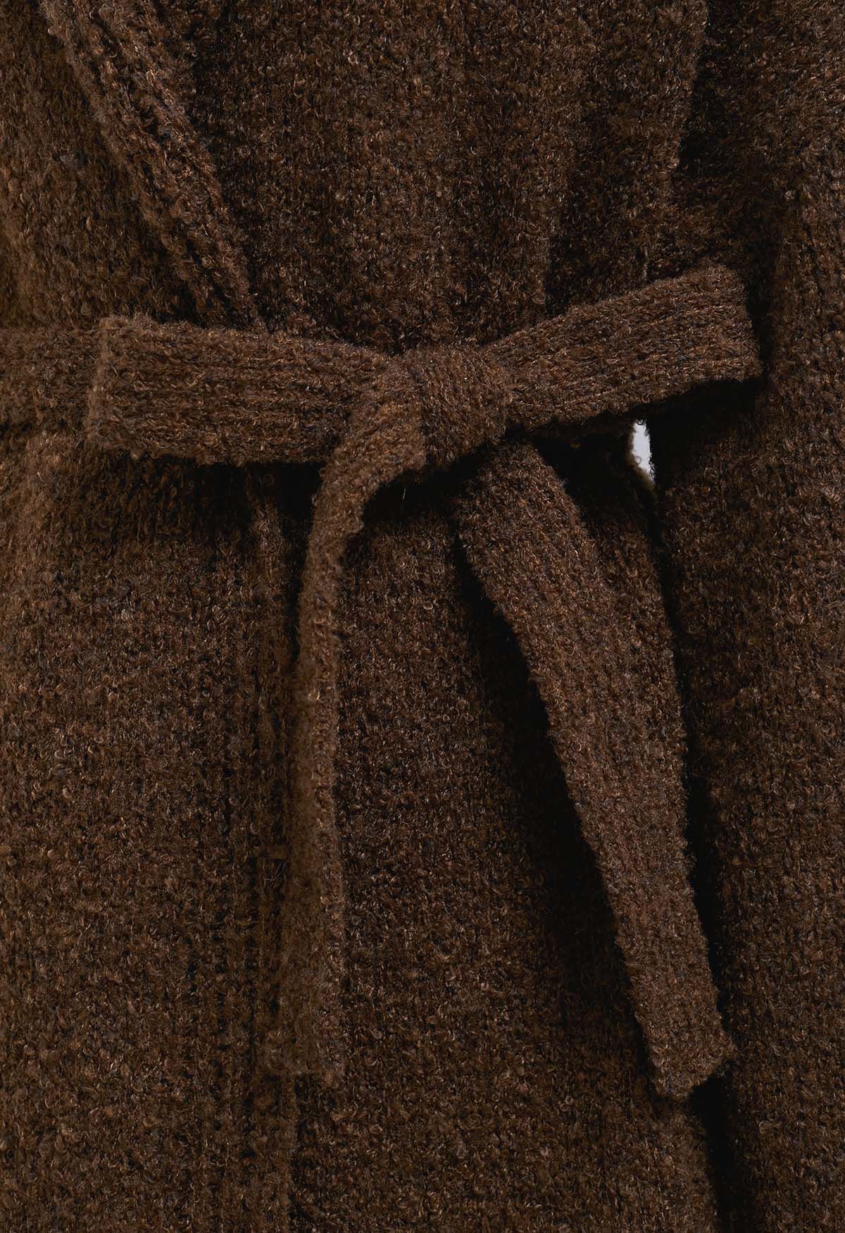 Cardigan long en tricot à capuche et ceinture, marron