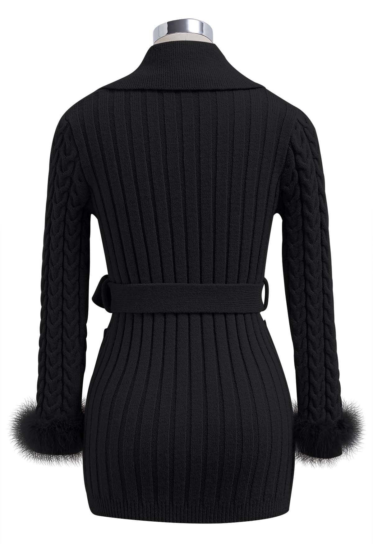 Mini-robe en tricot torsadé avec ceinture et poignets en plumes, noir