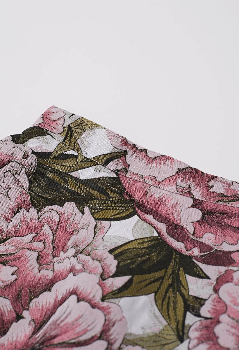 Jupe longue trapèze gracieuse en jacquard pivoine rose