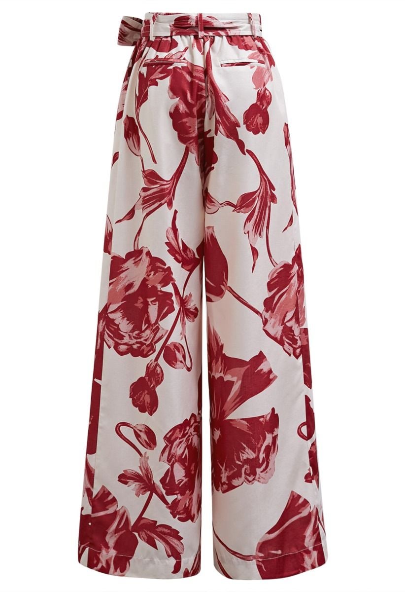 Pantalon large à imprimé bouquet rouge