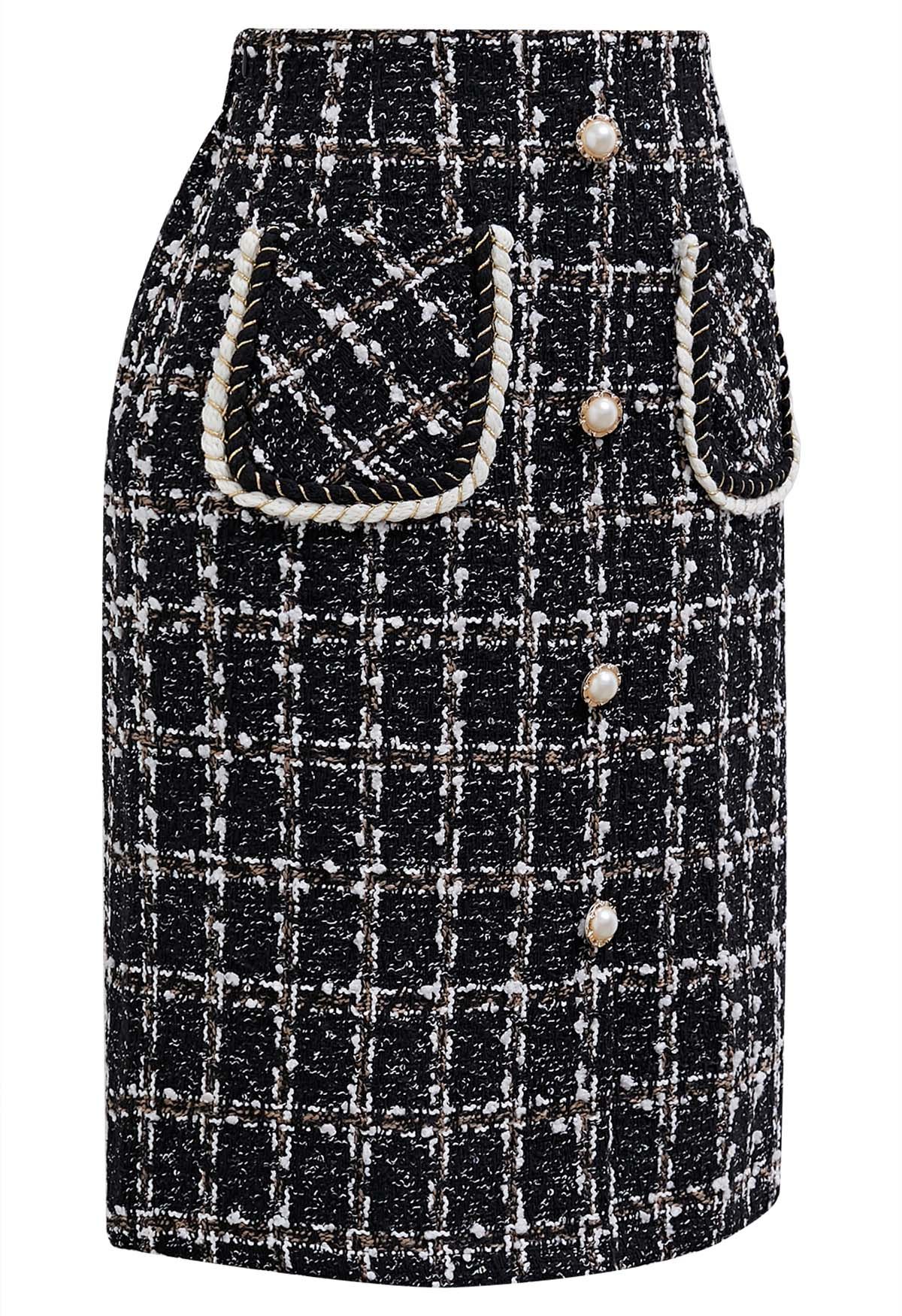 Jupe boutonnée en tweed à carreaux avec poche plaquée, noir