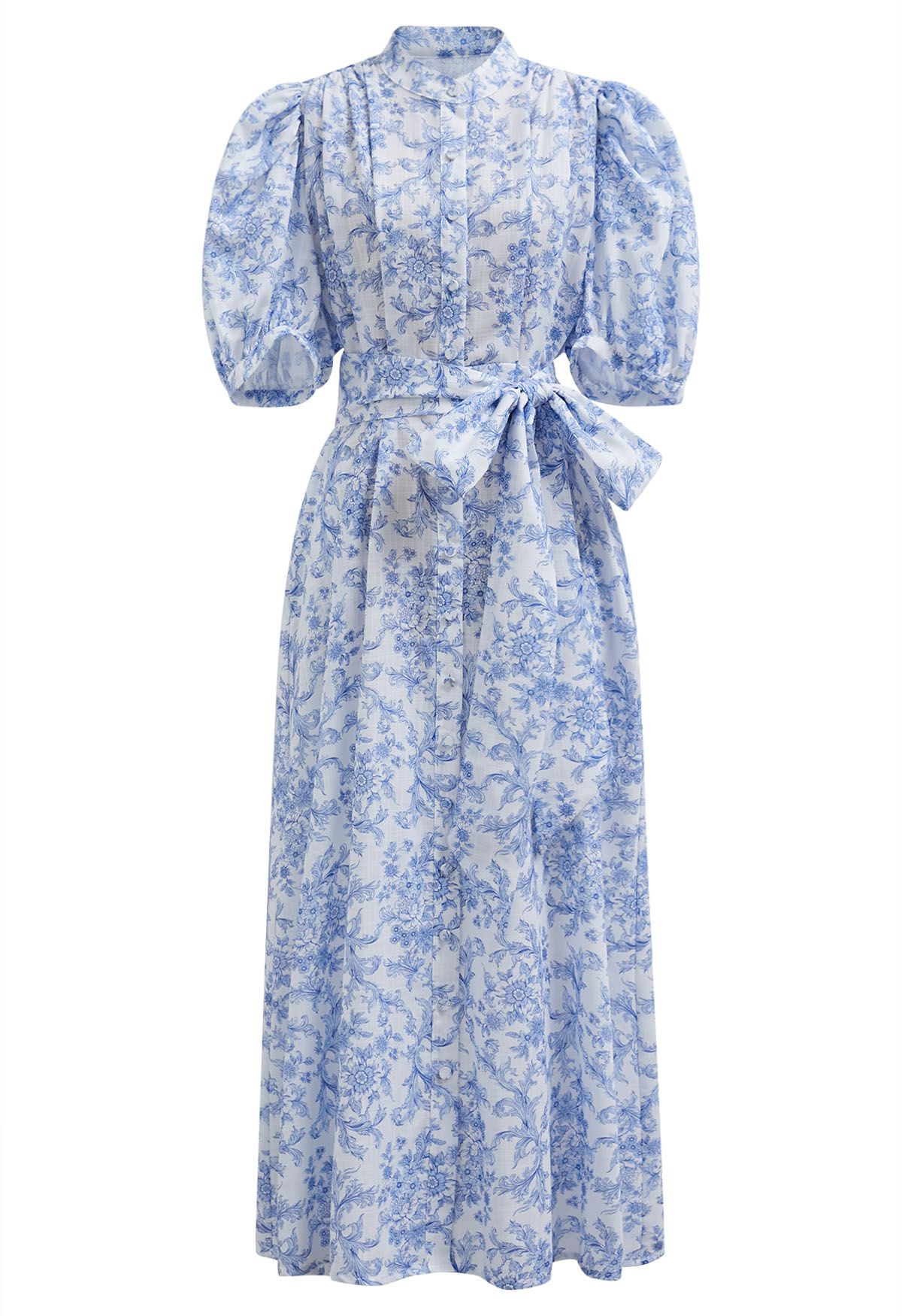 Robe boutonnée en coton à manches bouffantes et imprimé floral et vigne en bleu clair