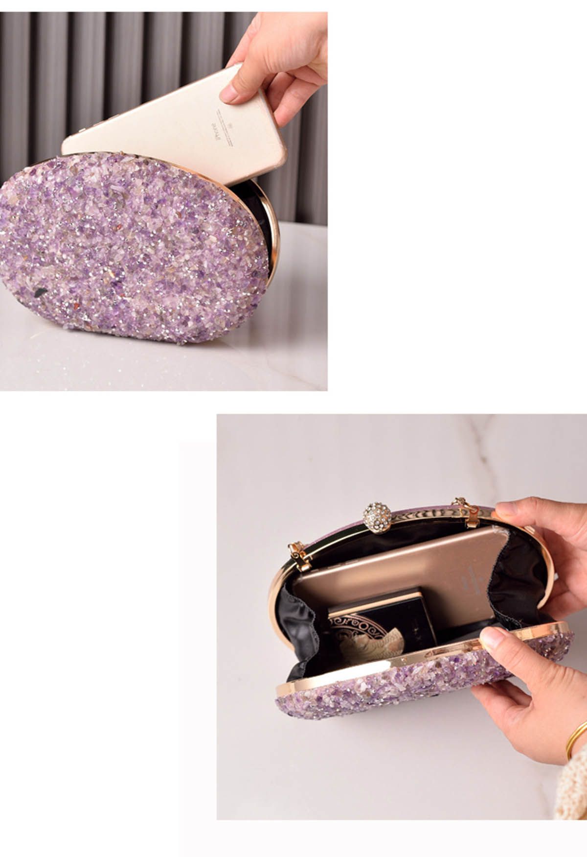 Pochette ovale pleine de perles et strass en violet