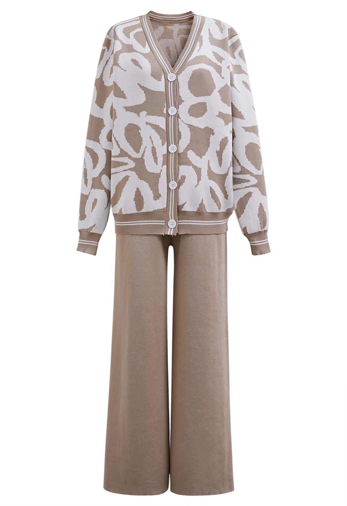 Ensemble cardigan et pantalon en tricot boutonné à imprimé abstrait en camel