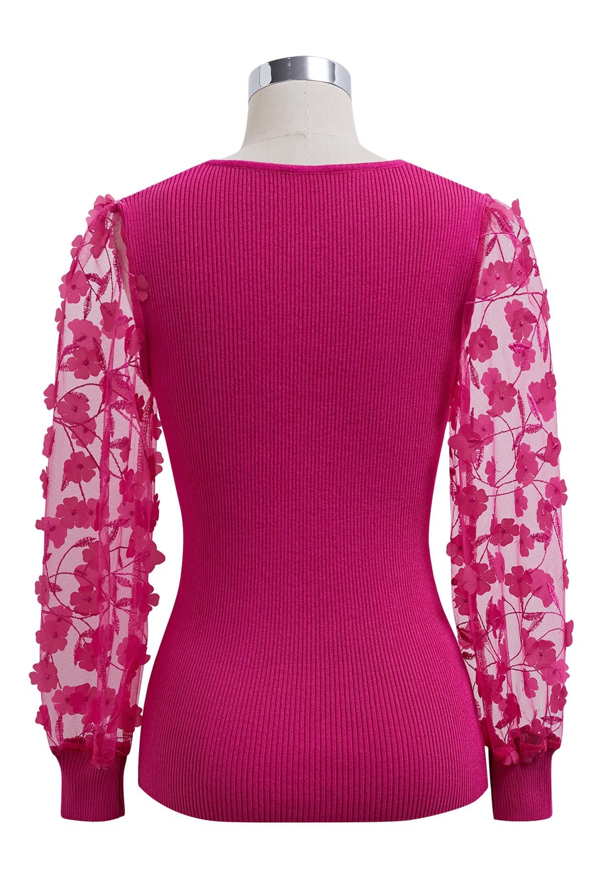 Haut en tricot épissé à manches en maille Floret 3D en rose vif
