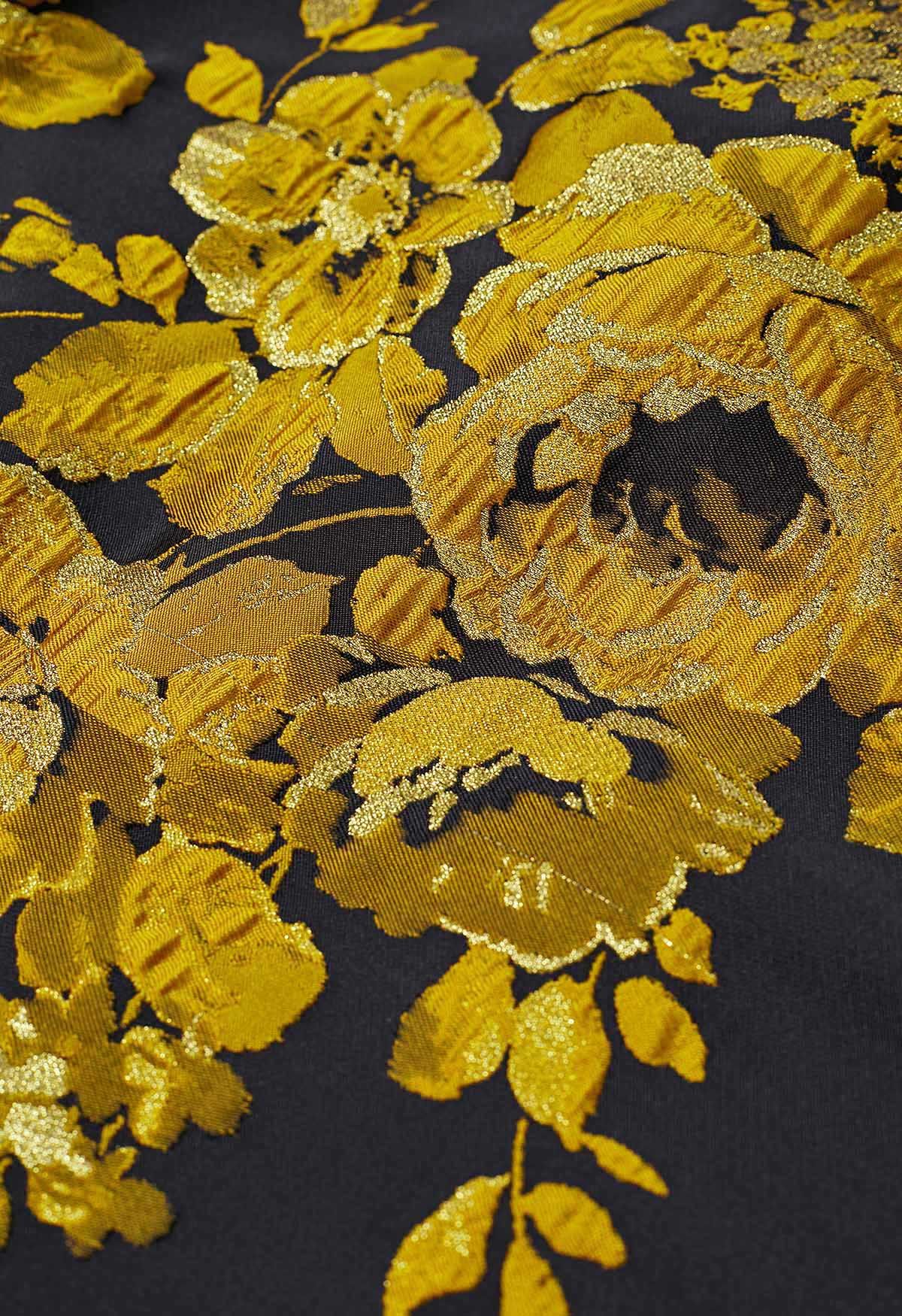 Jupe mi-longue plissée en jacquard pivoine Ebullient en doré