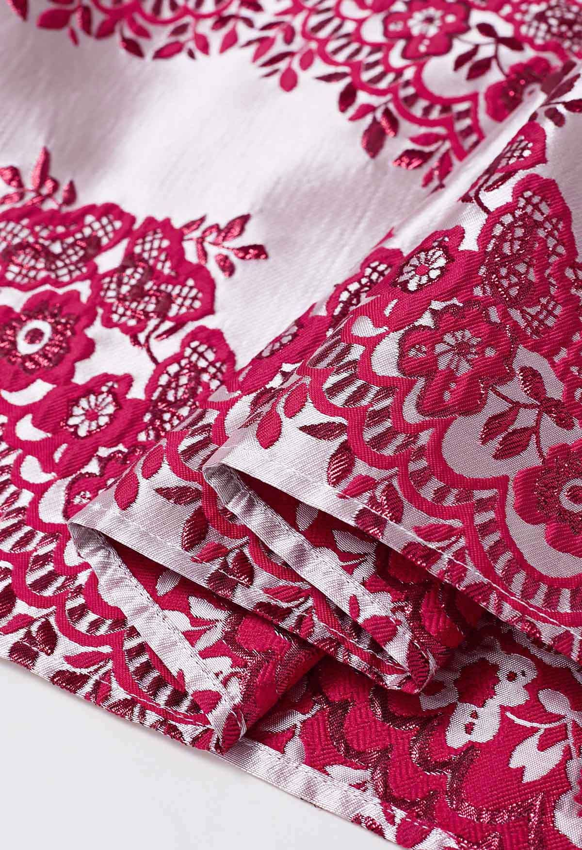 Magnifique jupe midi plissée en jacquard fleuri en rouge