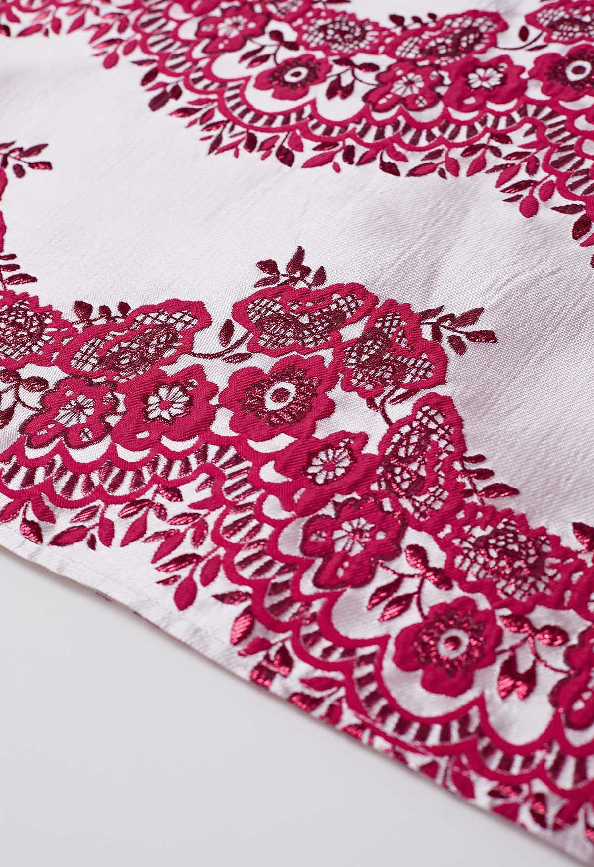 Magnifique jupe midi plissée en jacquard fleuri en rouge