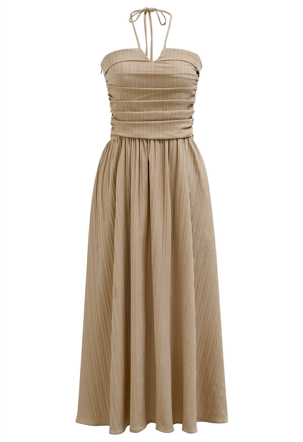 Robe midi dos nu froncé au dos en beige clair