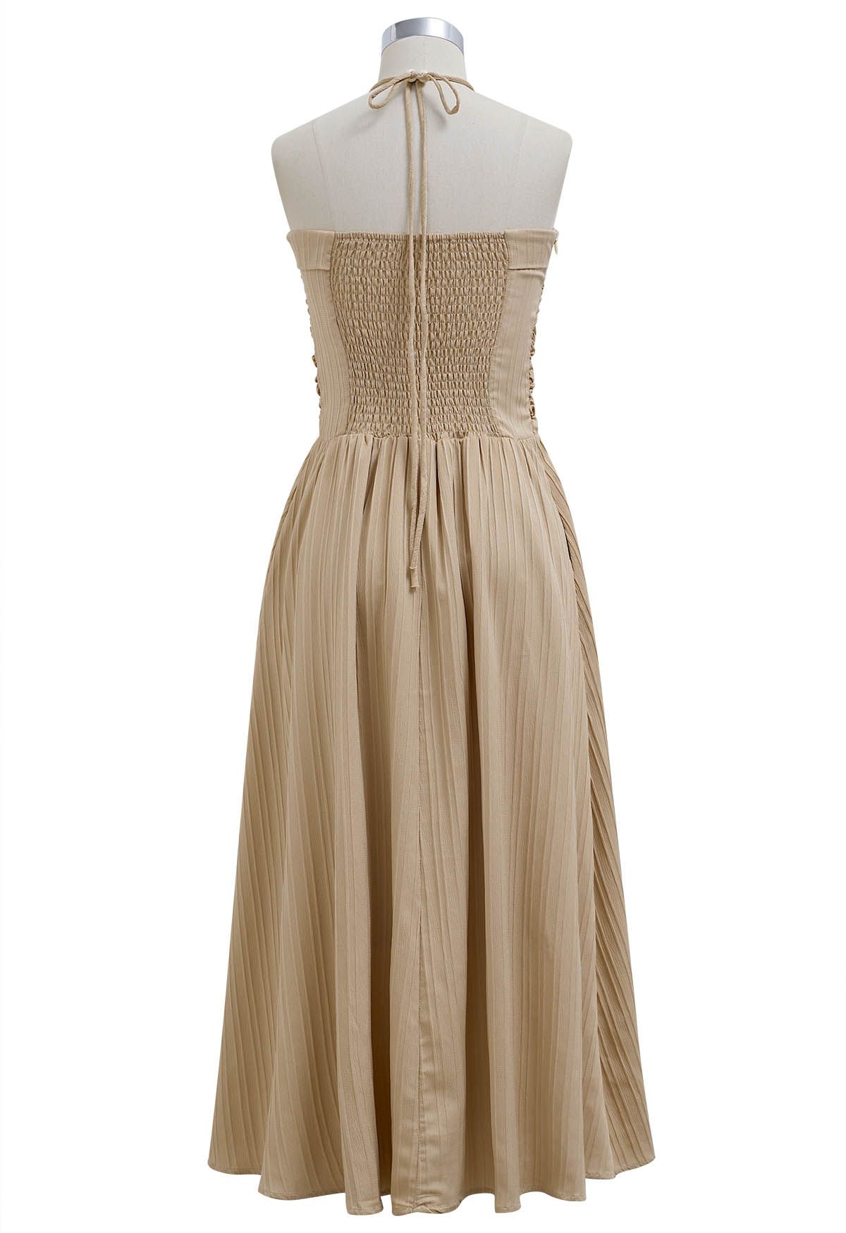 Robe midi dos nu froncé au dos en beige clair