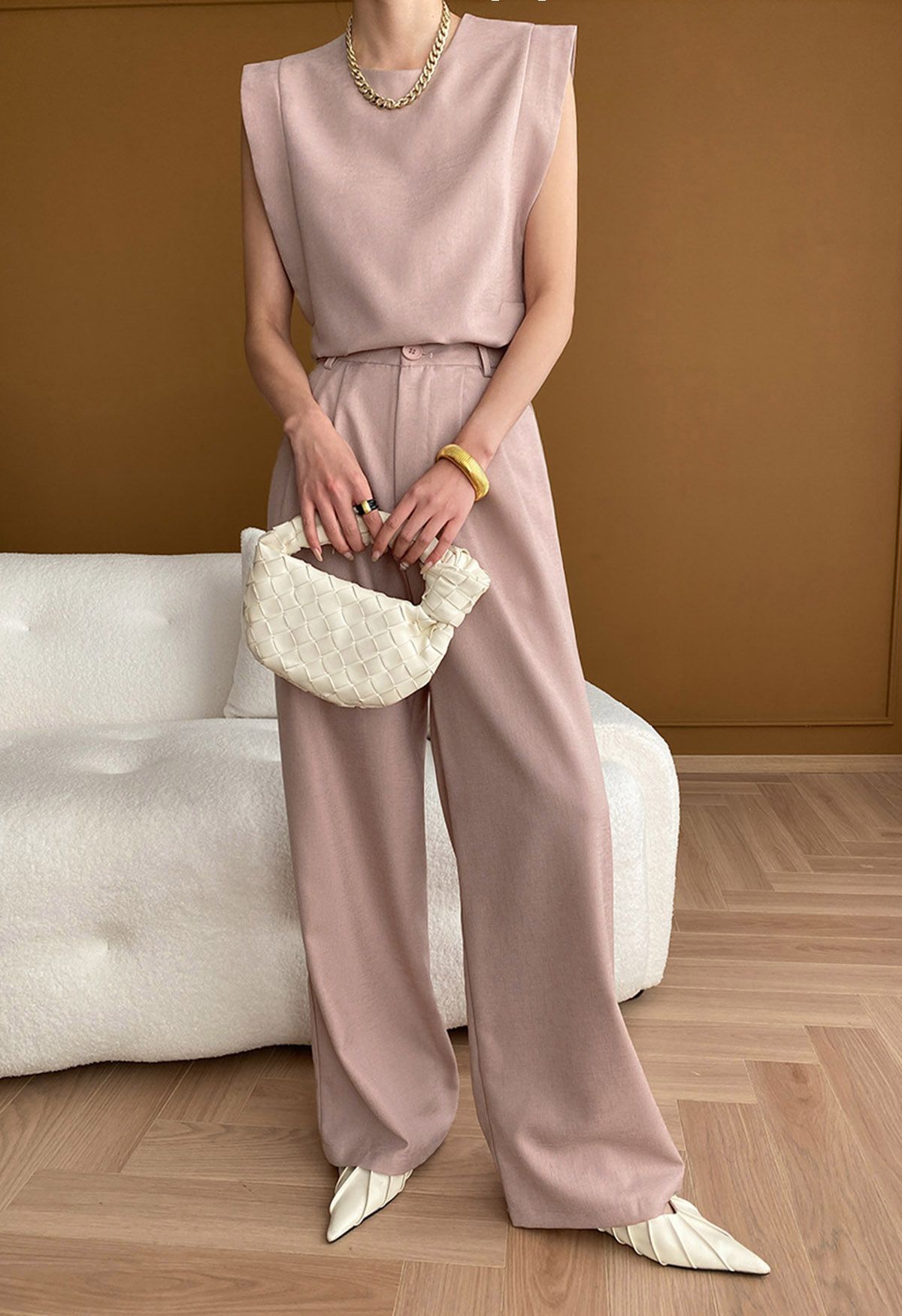 Ensemble chic sans manches et pantalon large fluide en rose