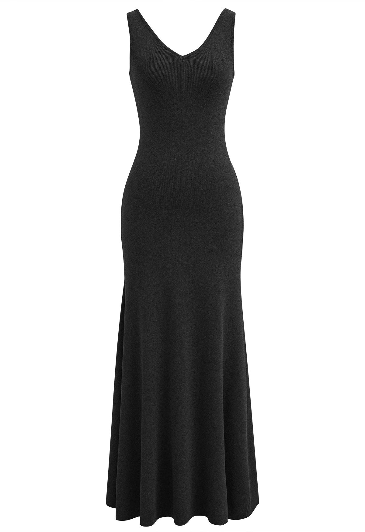 Robe longue sans manches à col en V et ourlet volanté en noir