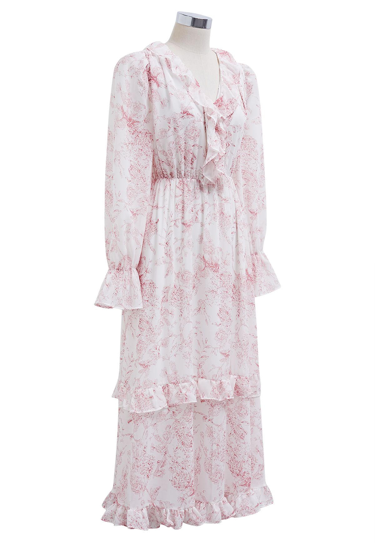 Spring Delight - Robe mi-longue en mousseline bordée de volants en rose