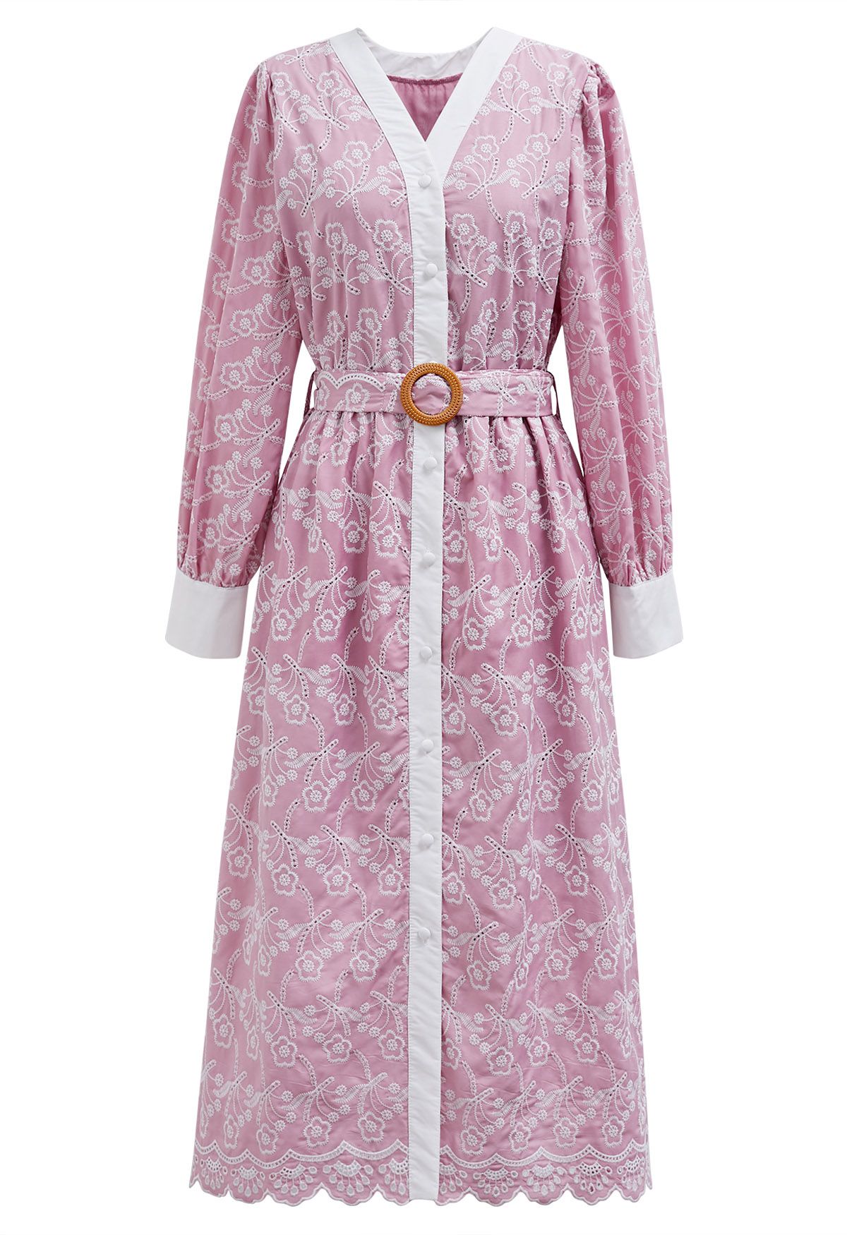 Robe boutonnée brodée Dancing Floret en rose