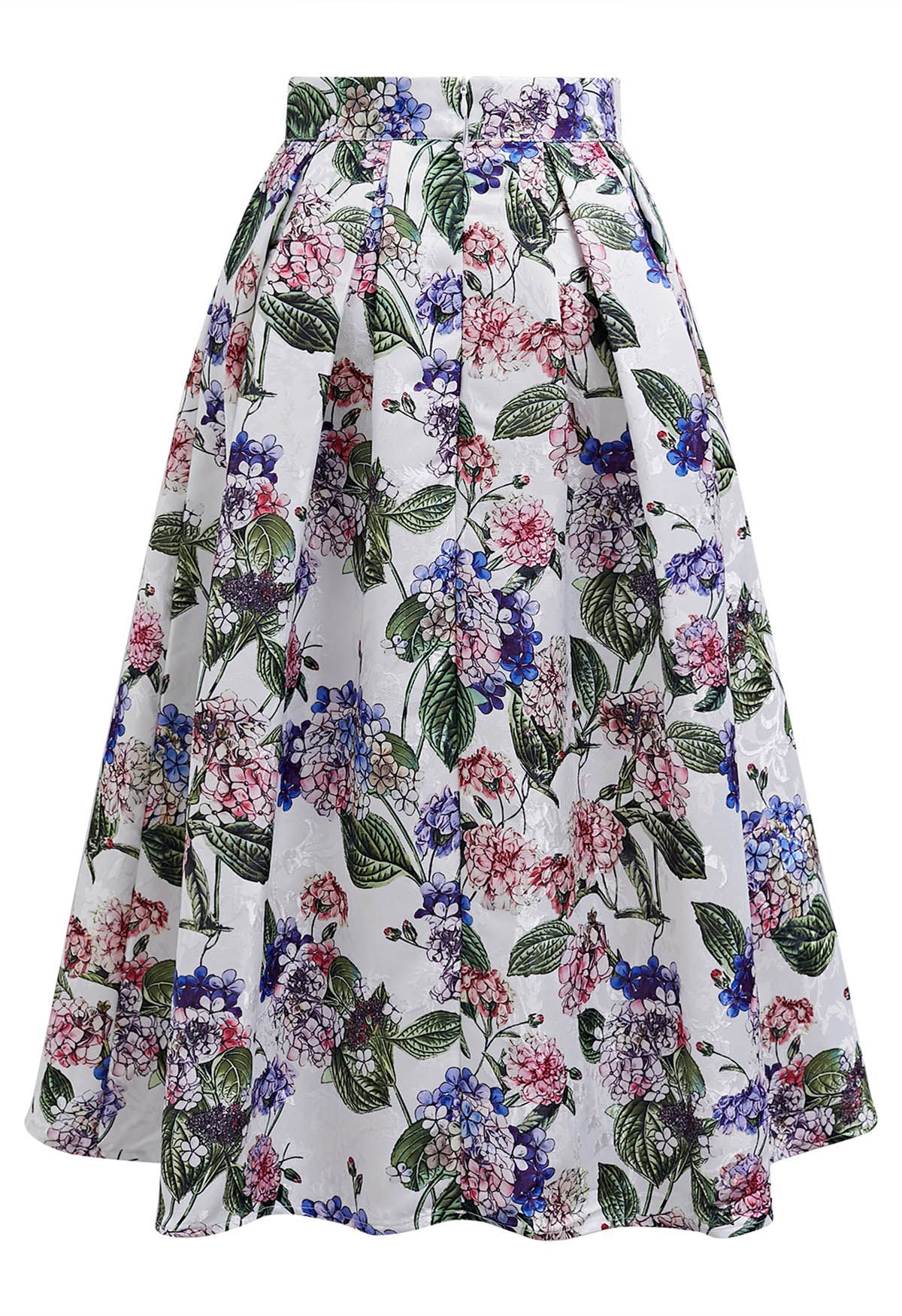 Jupe mi-longue plissée en jacquard hortensia aquarelle