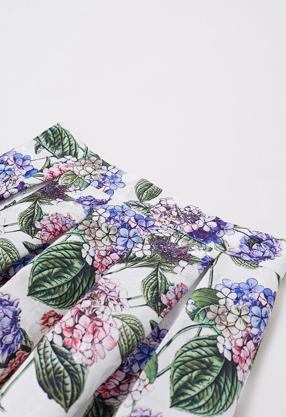 Jupe mi-longue plissée en jacquard hortensia aquarelle
