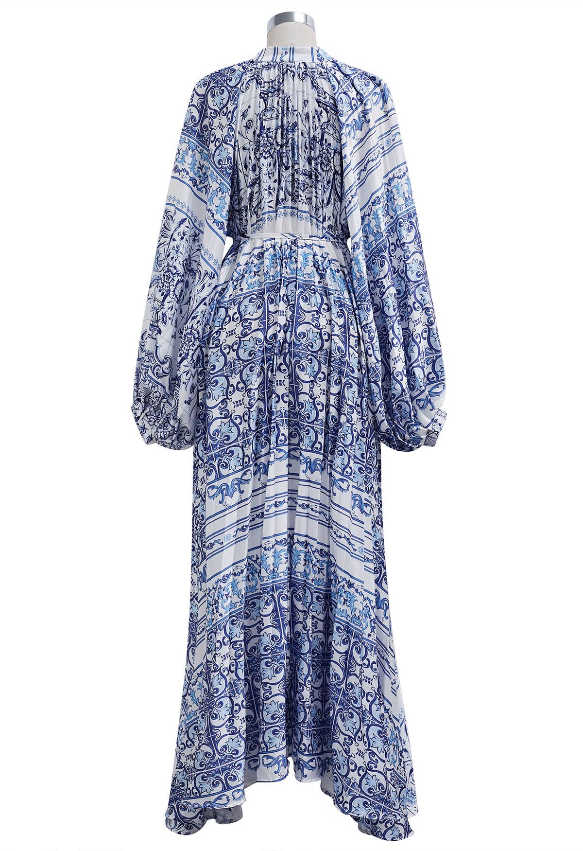 Robe longue asymétrique boutonnée à plis complets et imprimés de carreaux bleus
