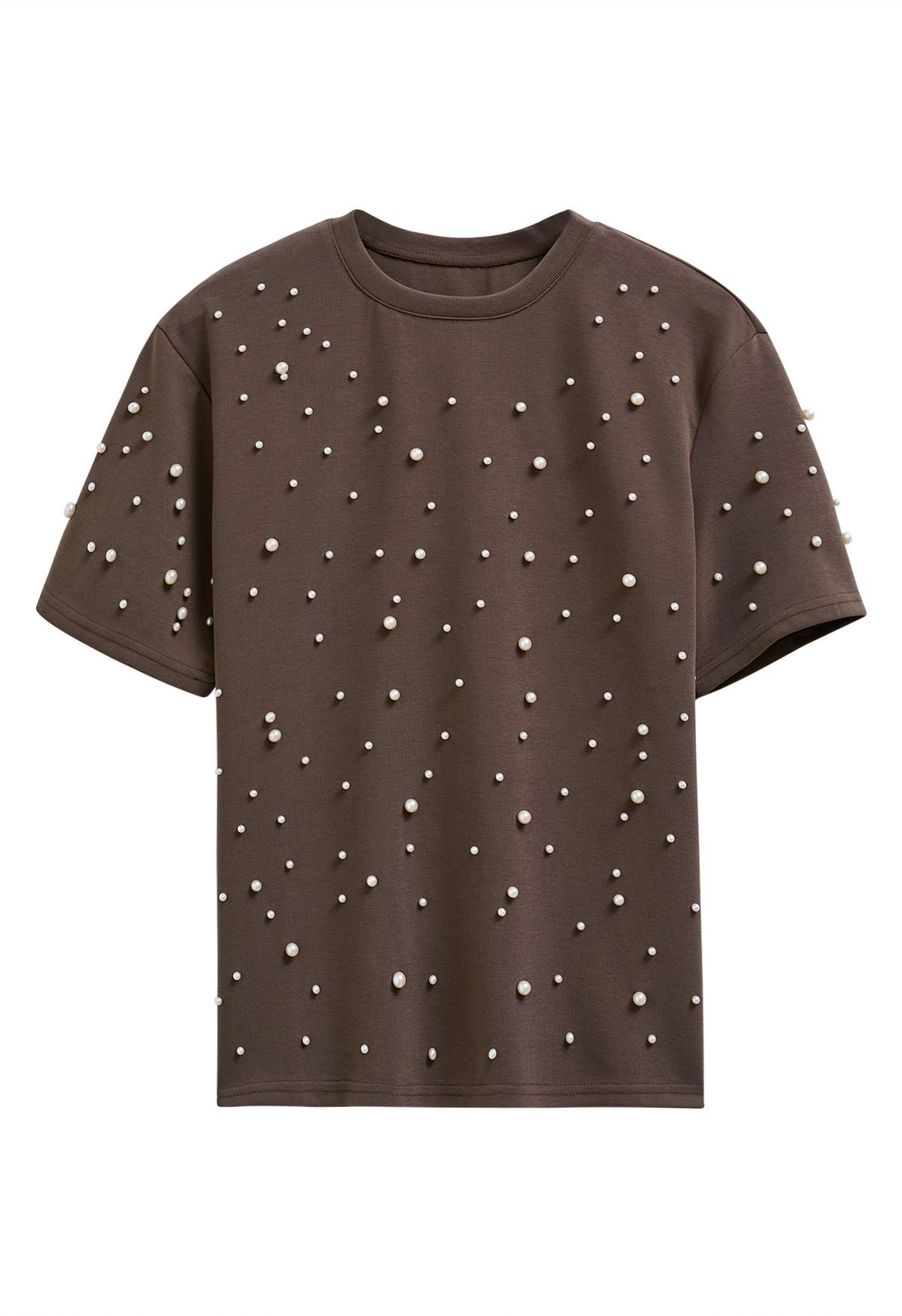 T-shirt sophistiqué à bordure perlée en marron