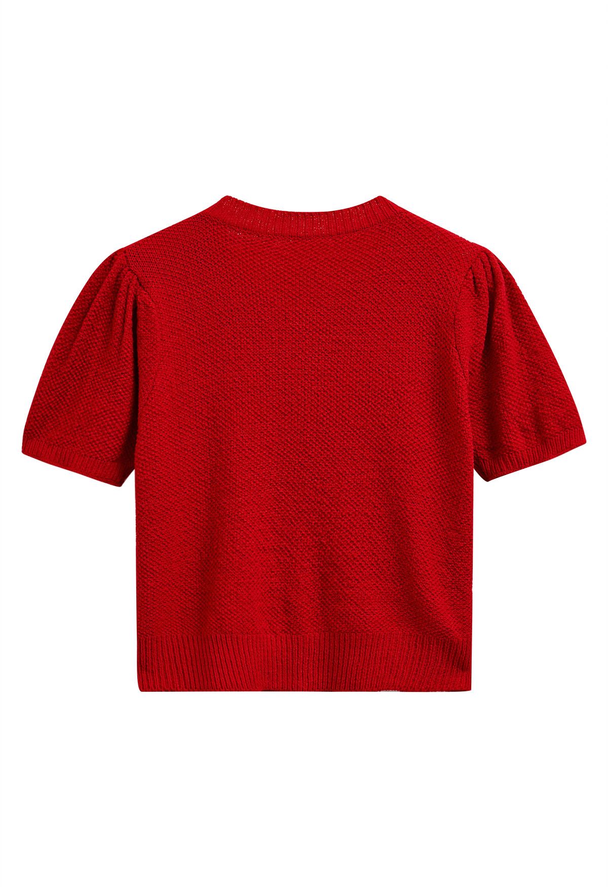 Cardigan en tricot à manches courtes orné de fleurs au crochet en rouge